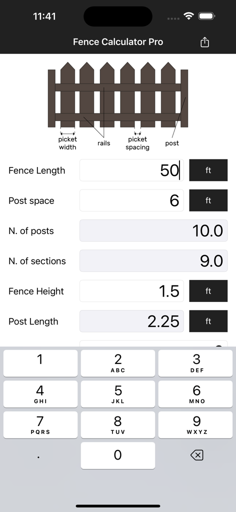 Fence Calculator Pro mobile app interface showing fence length and material calculations