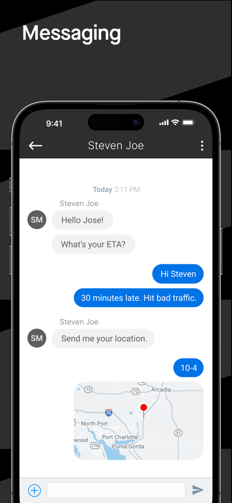 Motive Driver app messaging interface showing a driver sharing their location and ETA in a chat
