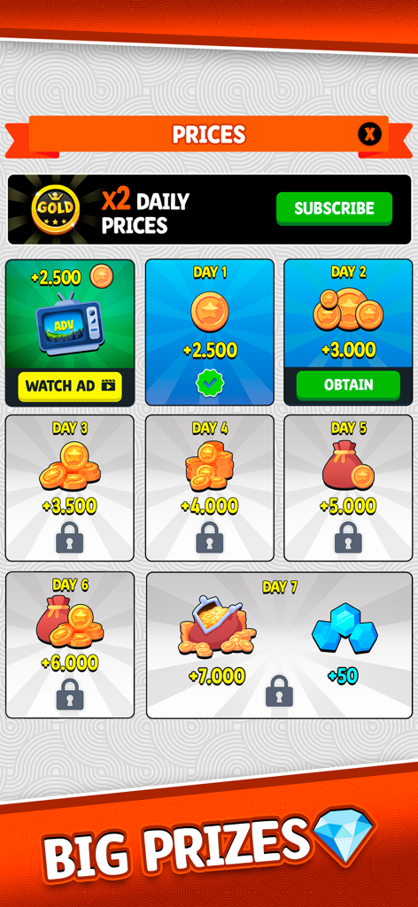 Tressette Più - Card Games - Daily login rewards screen for Tressette Piu showing a 7-day prize track with gold coins and blue gems