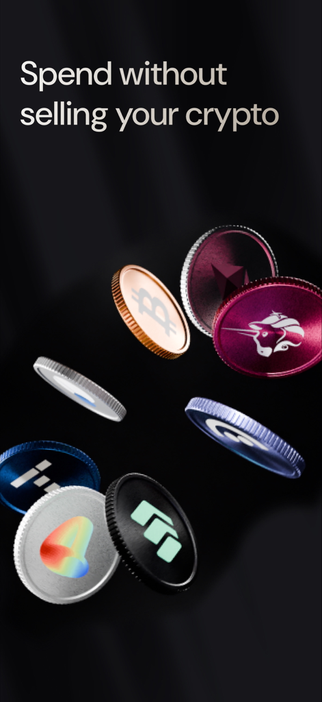 Moedas de criptomoedas flutuantes com o texto gaste sem vender sua criptomoeda