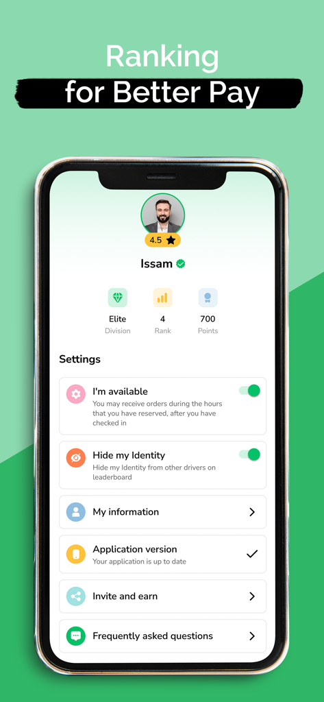 Sparow Couriers app interface displaying a driver profile with elite rank status and account settings