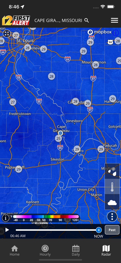 A high-resolution weather radar map on the KFVS12 StormTeam app displaying local temperatures and geographical features around Cape Girardeau Missouri.
