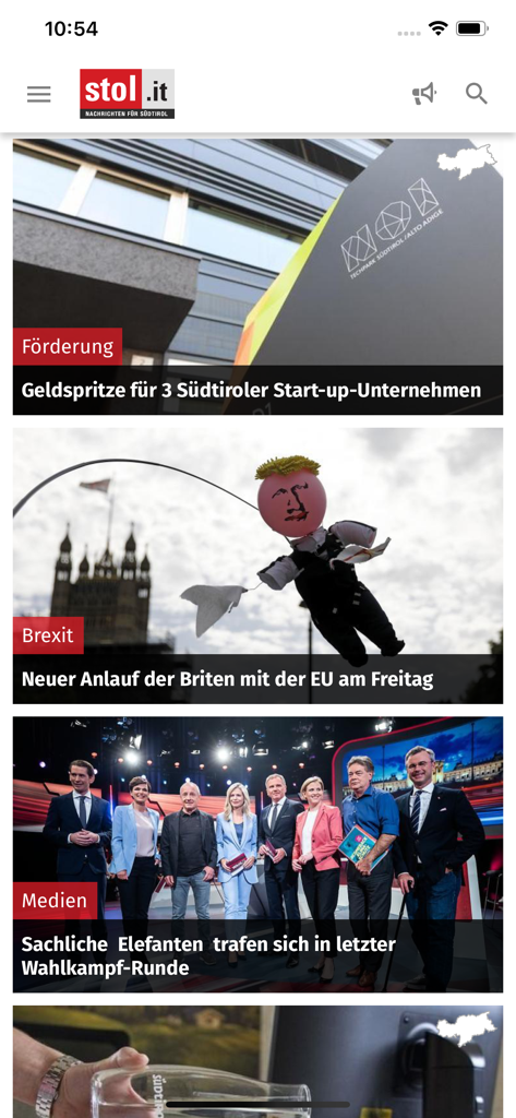 stol.it - Feed principale dell'app mobile stol.it che mostra articoli di notizie con immagini e titoli in tedesco.