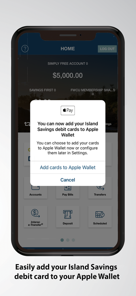 アイランド・セービングス モバイルバンキングアプリに、Apple Walletにデビットカードを追加するプロンプトが表示されています。