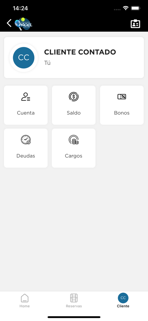 Coronado Padel Center - Interfaz de perfil de usuario de la app Coronado Padel Center que muestra el saldo de la cuenta y los vales