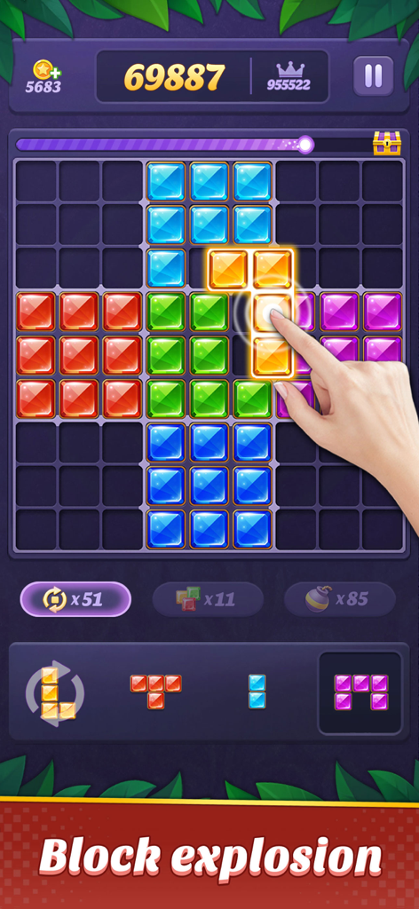 A hand dragging an orange gem block onto a grid in Block Puzzle 99 Gem Sudoku Go mobile game.