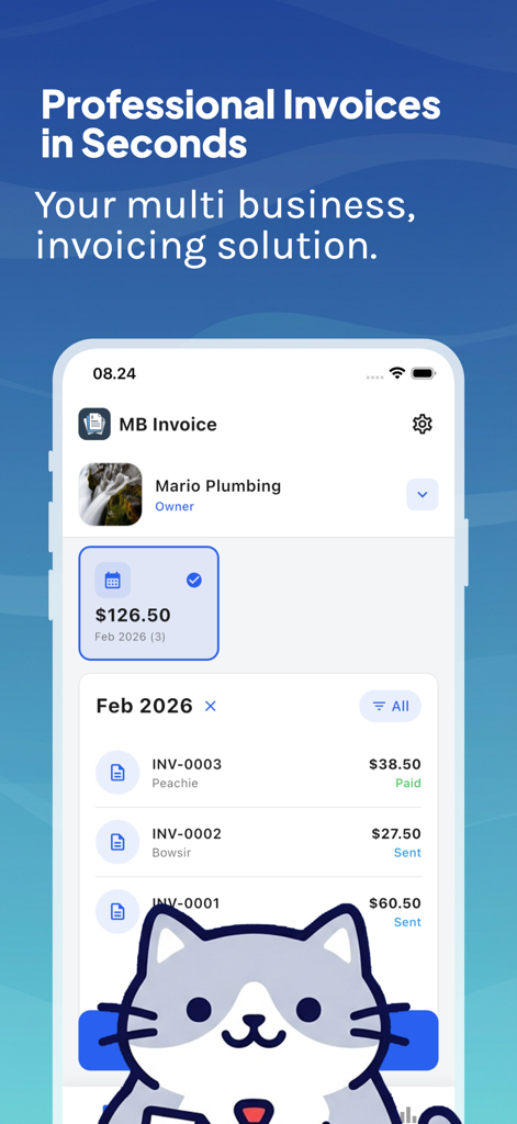 Interface do aplicativo MB Fatura Fácil mostrando gerenciamento profissional de faturas e painel de faturamento de várias empresas