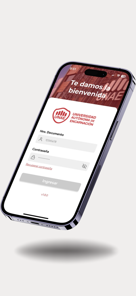 UNAE APP - Login page of the UNAE app showing the welcome message and sign in fields for students