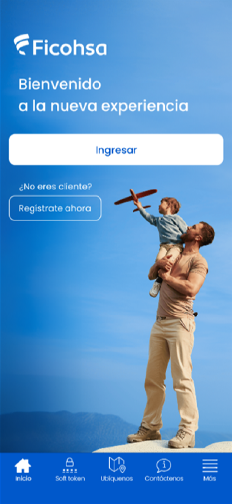 Ficohsa - Écran d'accueil de la banque mobile Ficohsa avec options de connexion et d'inscription