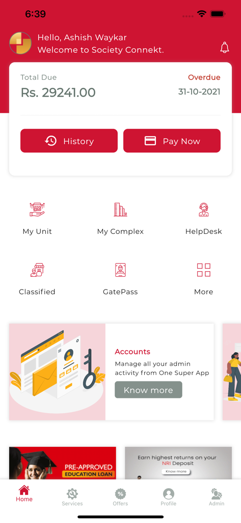 Saraswat Bank Society Connekt - Dashboard dell'app Saraswat Bank Society Connekt che mostra il totale dei pagamenti arretrati dovuti e le funzionalità di gestione della proprietà