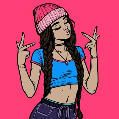 realistic teenage girl with braids and a beanie and crop top doing 🫶🏼