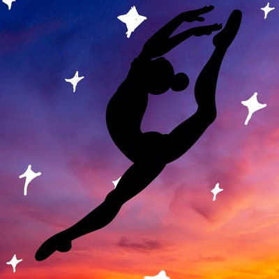 gymnast doing a leap in a leotard with a bent back leg