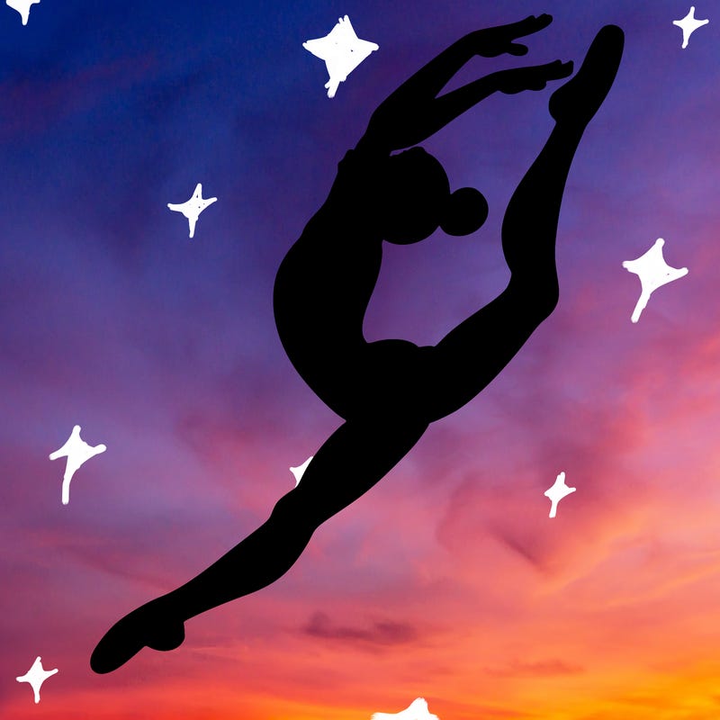 gymnast doing a leap in a leotard with a bent back leg