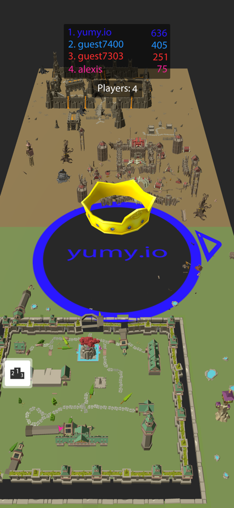 yumy.io - Black Hole Games - Una captura de pantalla de la jugabilidad de yumy.io mostrando un gran agujero negro con una corona dorada en un mapa de ciudad samurái
