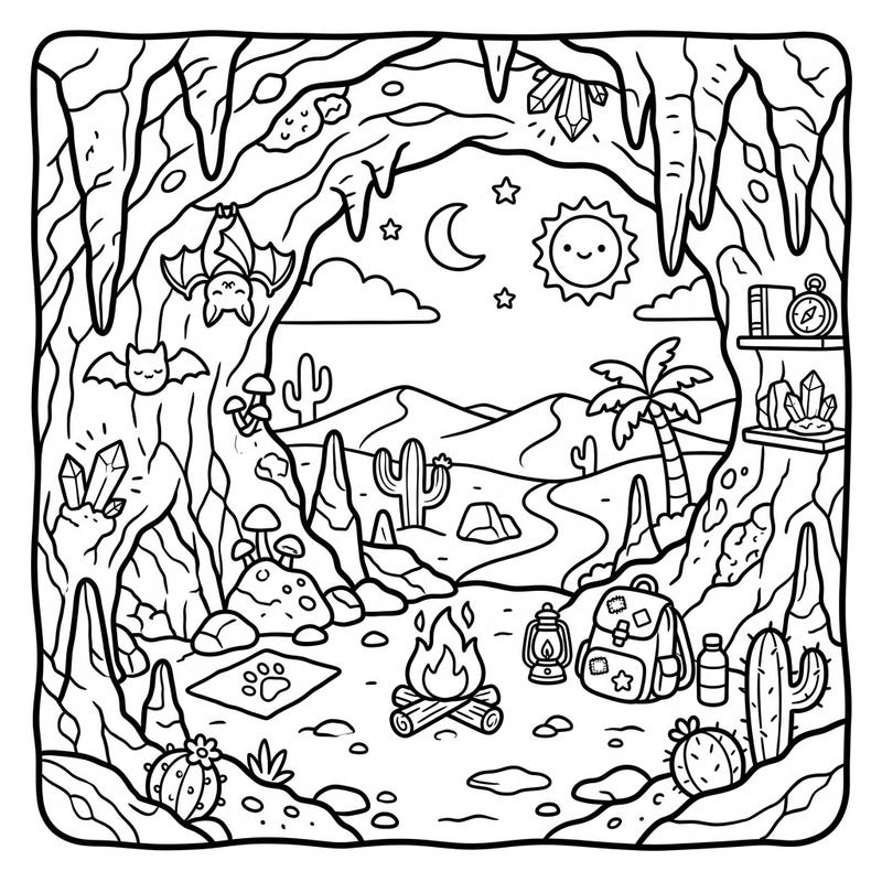 Step into an enchanting world where desert caves meet adorable Kawaii charm! This delightful coloring page invites you to explore a cozy cavern filled with cute bats, sparkling crystals, and a heartwarming desert view.