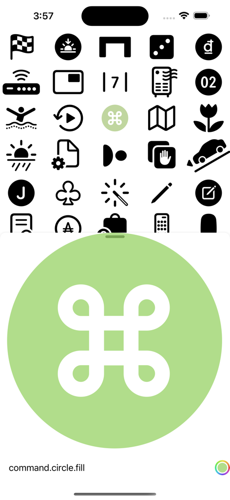 SymbolGrid-Oberfläche zeigt ein Raster von SF Symbols und eine Vorschau eines ausgewählten Befehlssymbols.