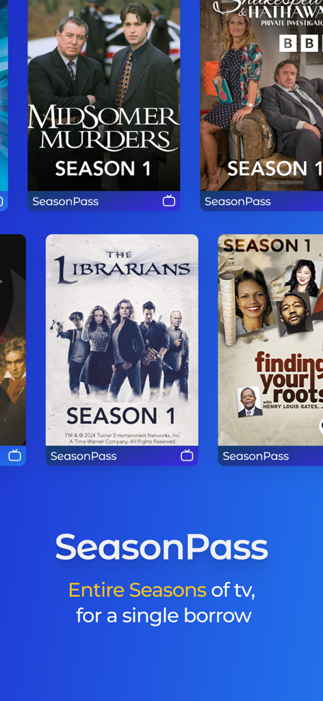 A screenshot of the Hoopla Digital app highlighting the SeasonPass feature for streaming entire TV seasons with one borrow.