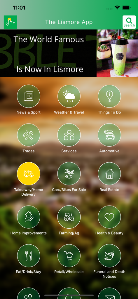 The Lismore App - The Lismore App home screen showing circular icons for local news weather services and community directories