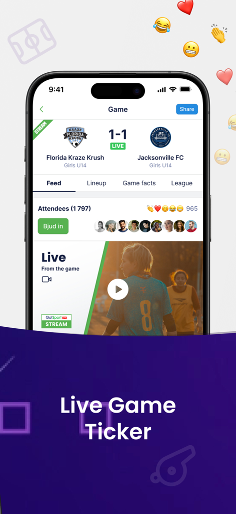 GotSport Live - GotSport Live app screen displaying a live soccer game score and video stream between youth teams