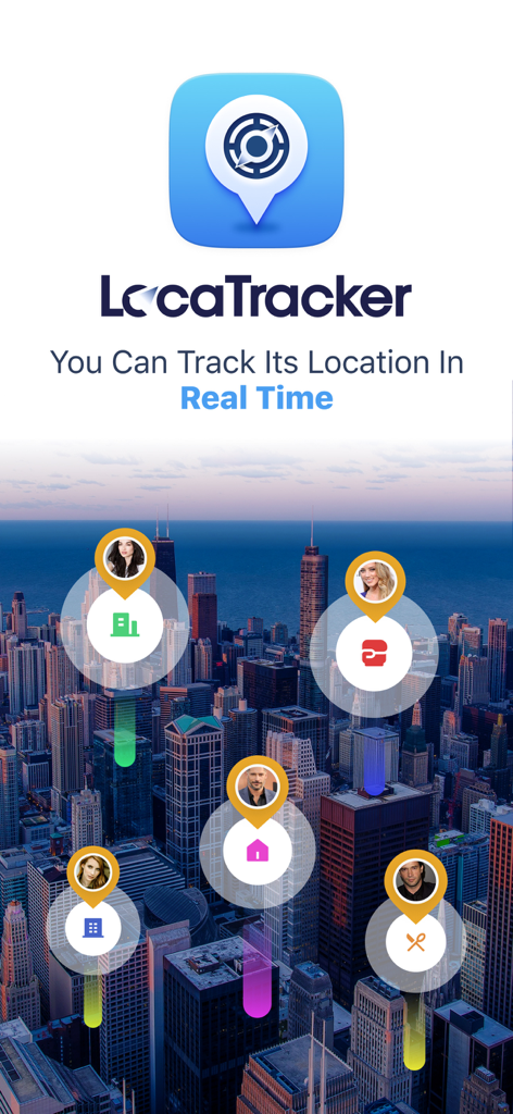 Interfaz de la aplicación LocaTracker que muestra el rastreo de ubicación en tiempo real de varias personas sobre el horizonte de una ciudad