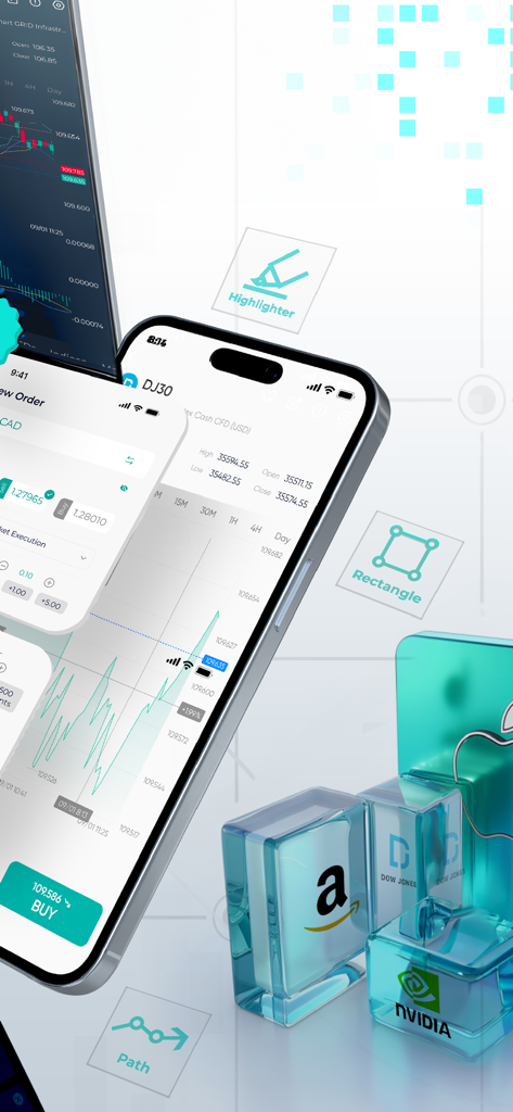 Interfaz de la aplicación móvil STARTRADER que muestra gráficos profesionales del mercado de valores e iconos de activos como Amazon y NVIDIA