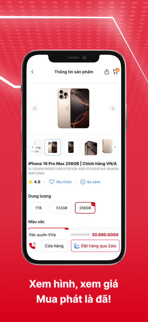 Tela do aplicativo CellphoneS mostrando especificações e preço do iPhone 16 Pro Max em vietnamita