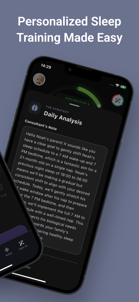 A mobile app screen showing a personalized daily sleep analysis and strategy notes for a baby named Noah in the My Nap Plan app.