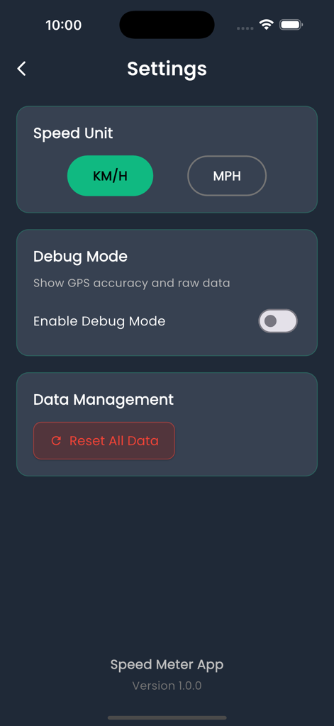 Écran des paramètres de Speed Meter Pro affichant la sélection de l'unité de vitesse pour KMH et MPH ainsi que le commutateur du mode débogage