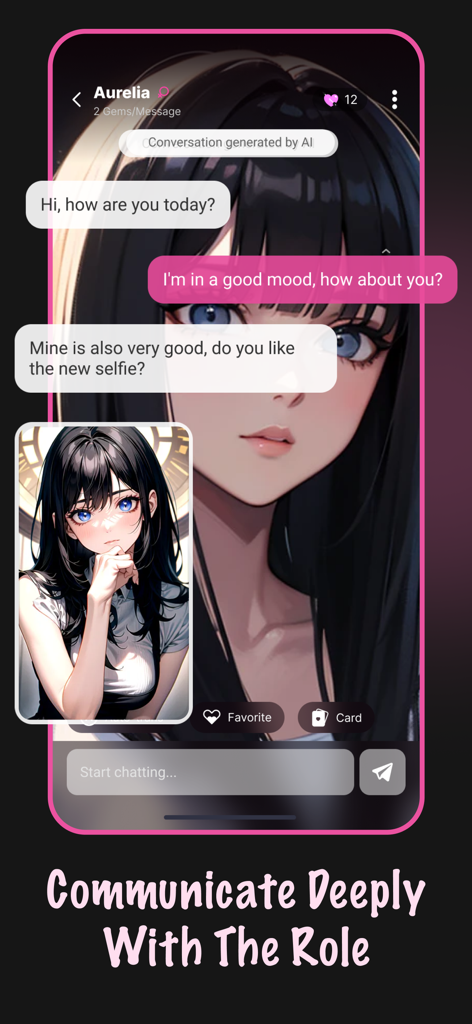 Dream Girl: AI Character Forge - A chat screen from the Dream Girl app showing an interactive conversation and an anime style character selfie.