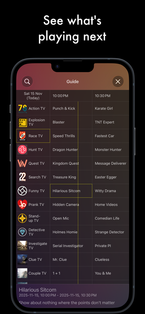 iSTB app interface displaying a detailed electronic program guide for various IPTV channels on an iPhone screen.