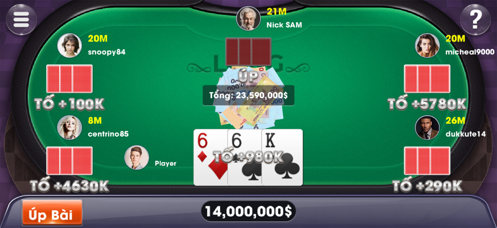 Mesa digital del juego de cartas vietnamita Lieng con jugadores apostando moneda virtual