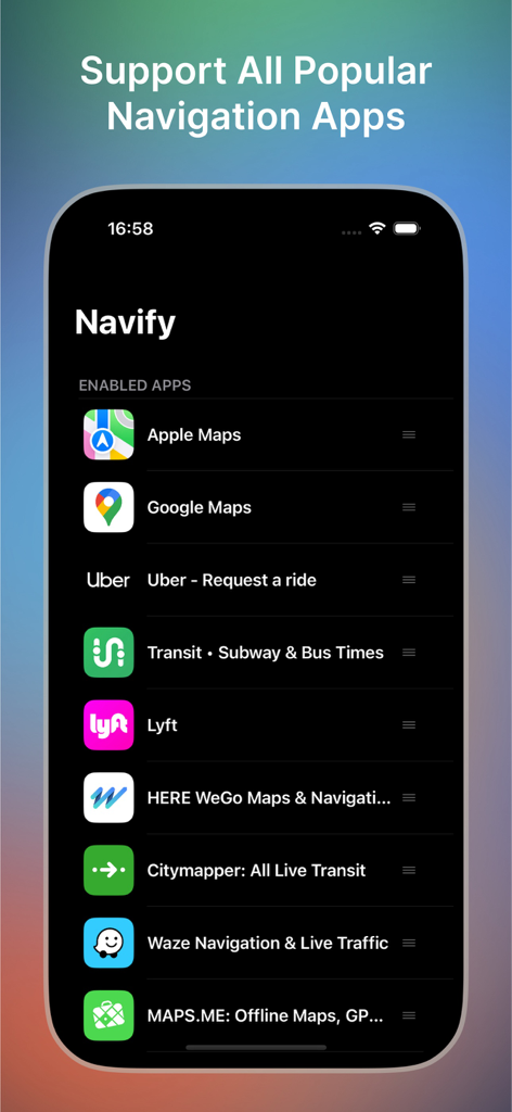 Navify App-Bildschirm mit einer Liste aktivierter Navigations-Apps wie Apple Maps, Google Maps, Waze und Uber.