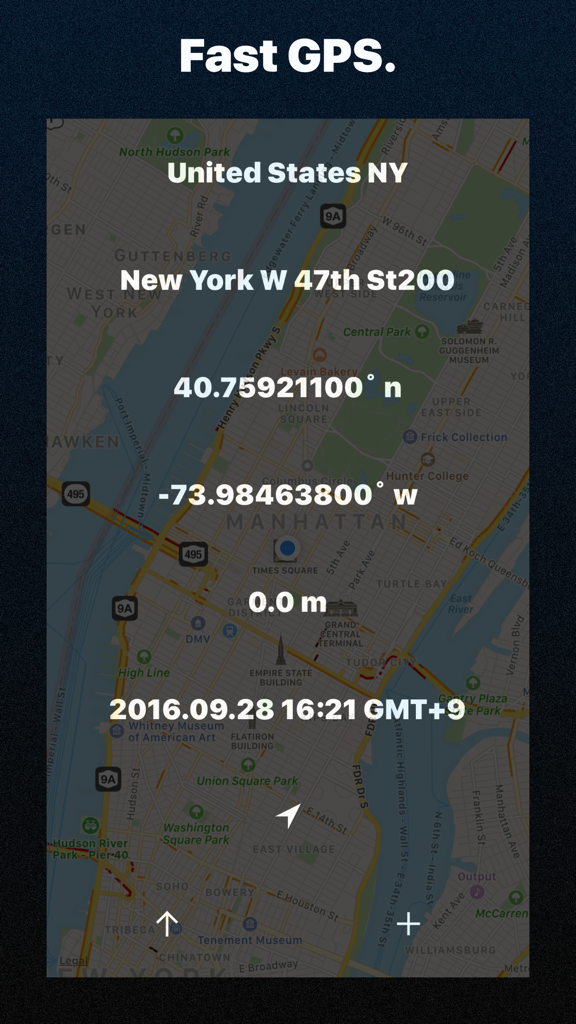 Smartphone screen showing GPS coordinates altitude and address over a map of New York City