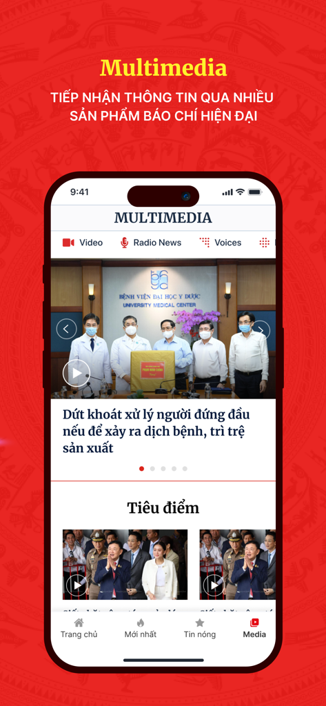 Báo ĐT Chính Phủ - Multimedia interface of the Bao DT Chinh Phu app showing official news videos and radio content.