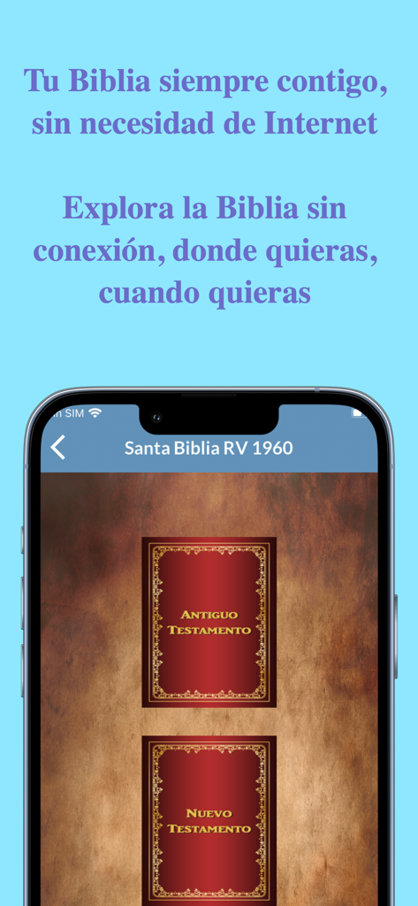 Biblia Reina Valera Español - Pantalla de smartphone mostrando la aplicación de la Biblia Reina Valera 1960 en español con secciones para el Antiguo y Nuevo Testamento sobre un fondo de pergamino