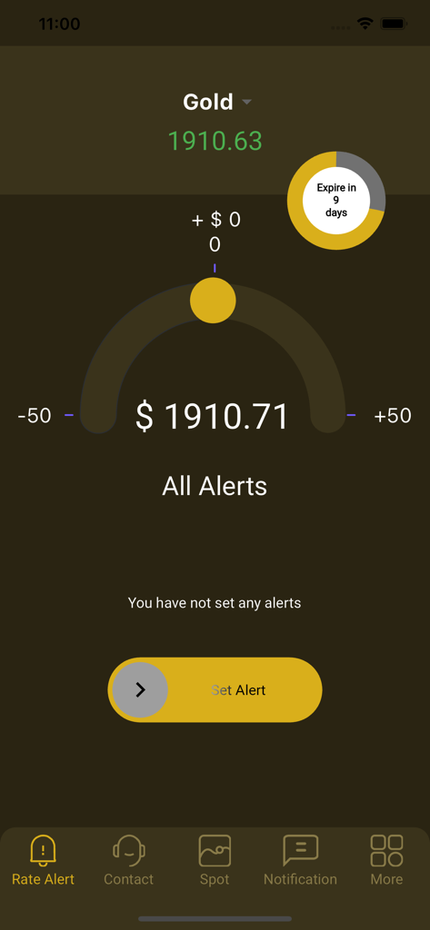 MAX GOLD - MAX GOLD app interface showing a gold rate alert screen with real-time spot price and a button to set alerts.