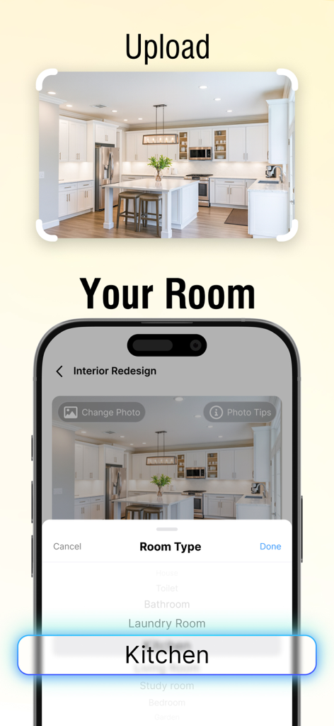 Smartphone displaying DECOZY app with a kitchen photo uploaded and room type selected.