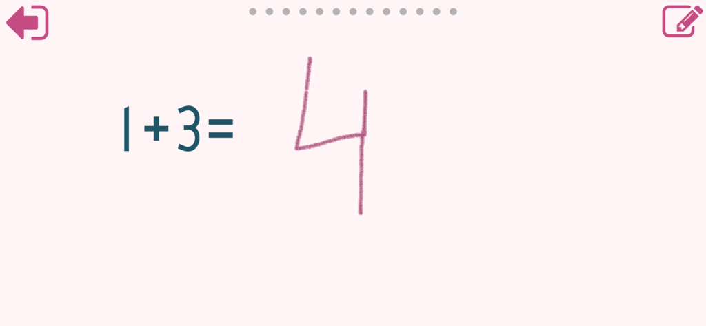 Math Shot Add and Subtract 20 - Ein Bildschirm, der die Matheaufgabe 1 plus 3 mit der handgeschriebenen Antwort 4 zeigt