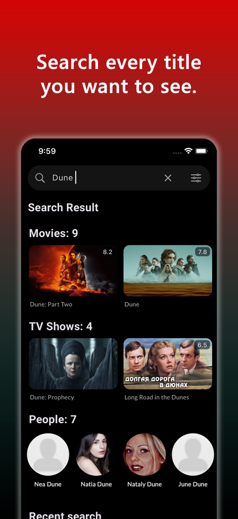 MerlMovie app search results screen for the movie Dune showing related movies TV shows and people