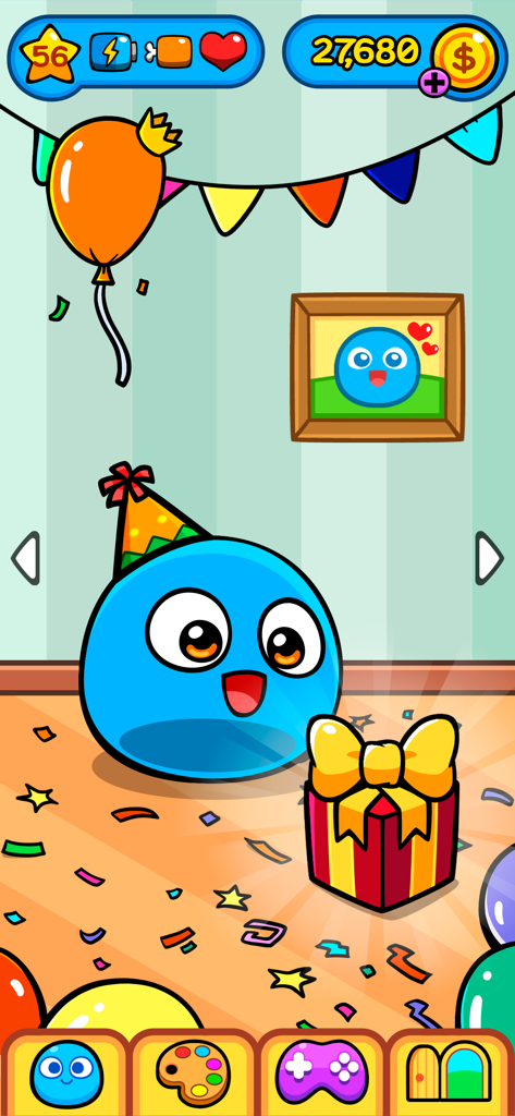 My Boo: Virtual pet Take care - A cute blue virtual pet named Boo wearing a party hat next to a gift box with confetti and decorations.