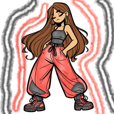 girl in baggy pants crop top and long hair