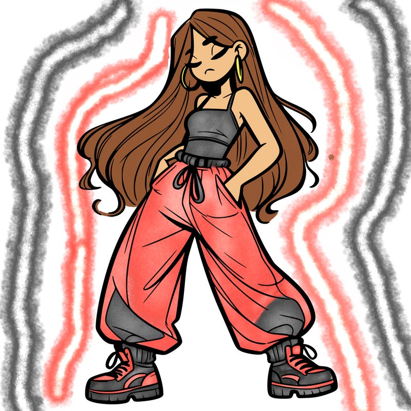 girl in baggy pants crop top and long hair
