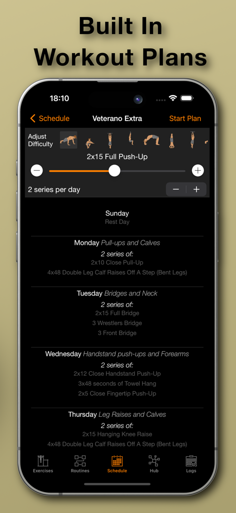 Um smartphone exibindo um cronograma de treino semanal com exercícios e ajustes de dificuldade no app Calisthenics Mastery.