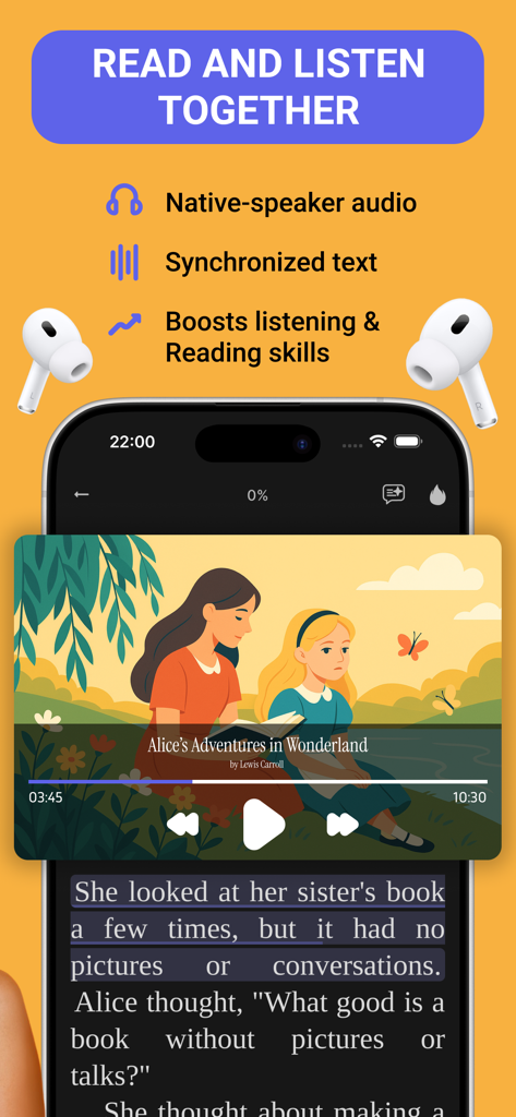 Bookvo: English Learning - Bookvo app interface displaying synchronized text and native speaker audio playback for Alice's Adventures in Wonderland.