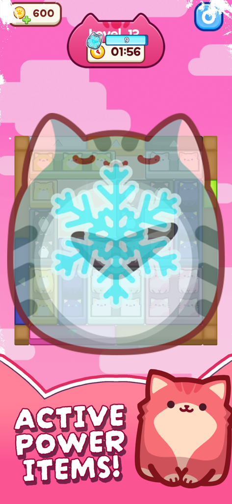 Cat Escape! - Captura de pantalla del juego móvil Cat Escape que muestra un nivel de rompecabezas con un artículo de poder de copo de nieve activo y lindos personajes de gatos