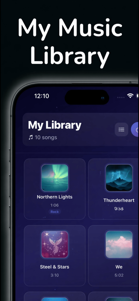 Musicra : AI Song Generator - Screenshot of the Musicra app showing a personal library of AI-generated songs with custom artwork and titles.