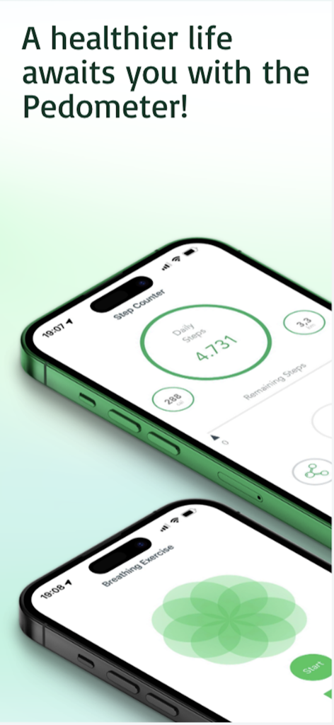 The Pedometer app interface showing step counter and breathing exercises on two iPhones
