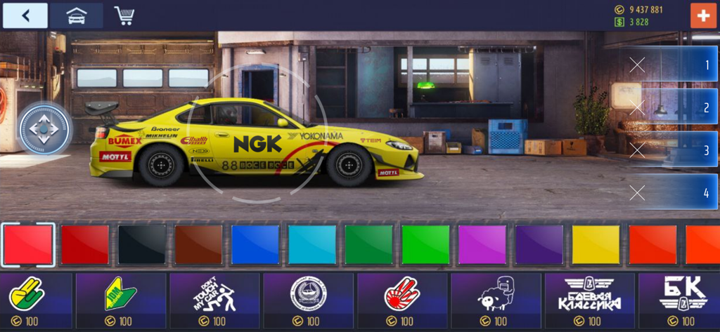 A yellow sports car in the game paint editor with various color options and racing decals.