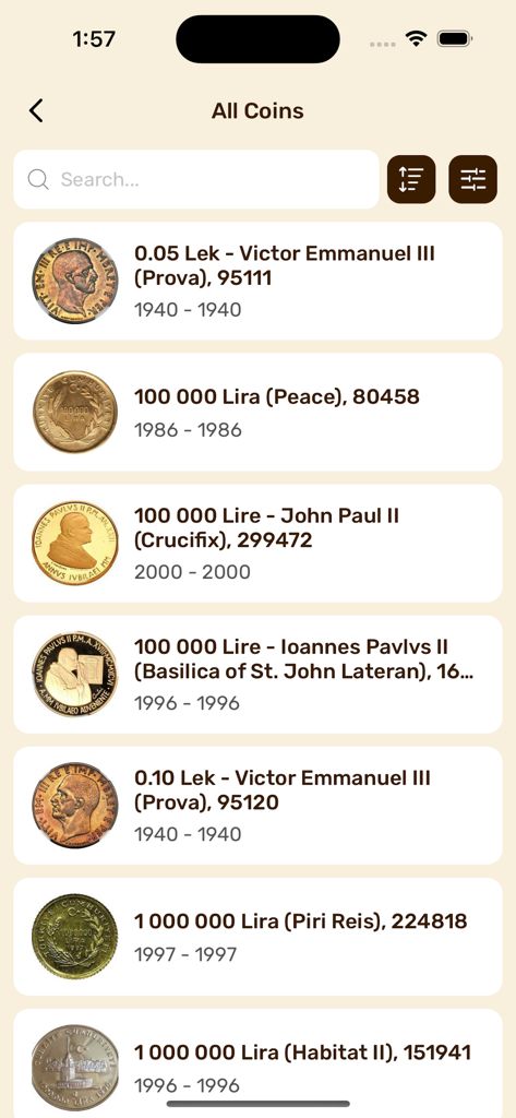 Coin Identifier: Coin Value - Una lista de varias monedas internacionales mostradas en el inventario de la aplicación Coin Identifier.