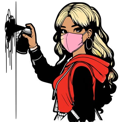 realistic girl with mask spray painting a wall